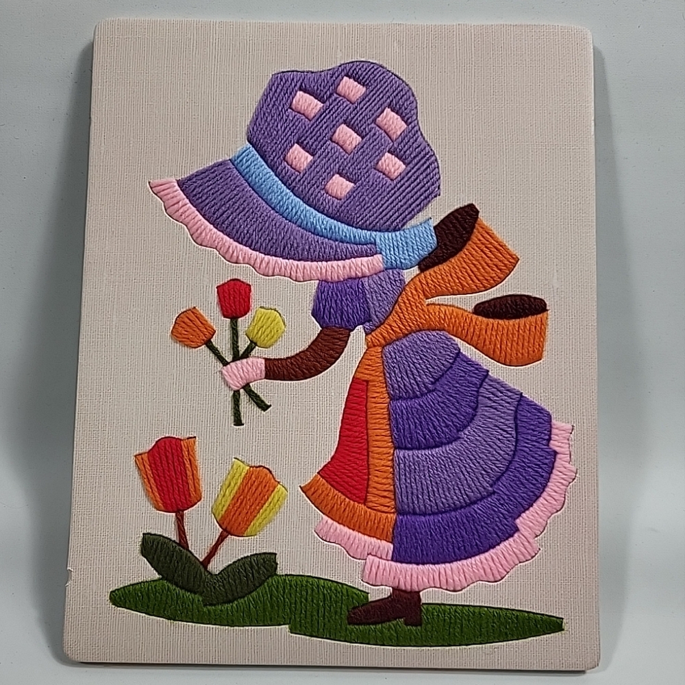 VTG 1970s Holly Hobbie Cross Stitch Crewel Wall Art Embroidery